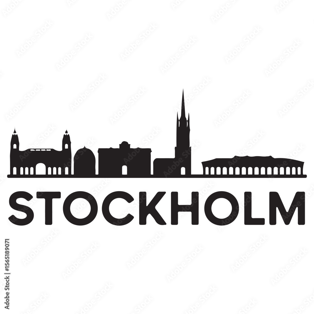 Fototapeta premium Stockholm skyline. Travel Stockholm famous landmarks. Business and tourism concept for presentation, banner, web site. Vector black silhouette. with white background