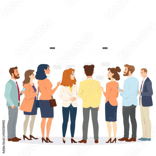 A group of nine employees are networking with visitors at a booth. Everyone is contributing ideas, and a few are pointing at the board or screen.