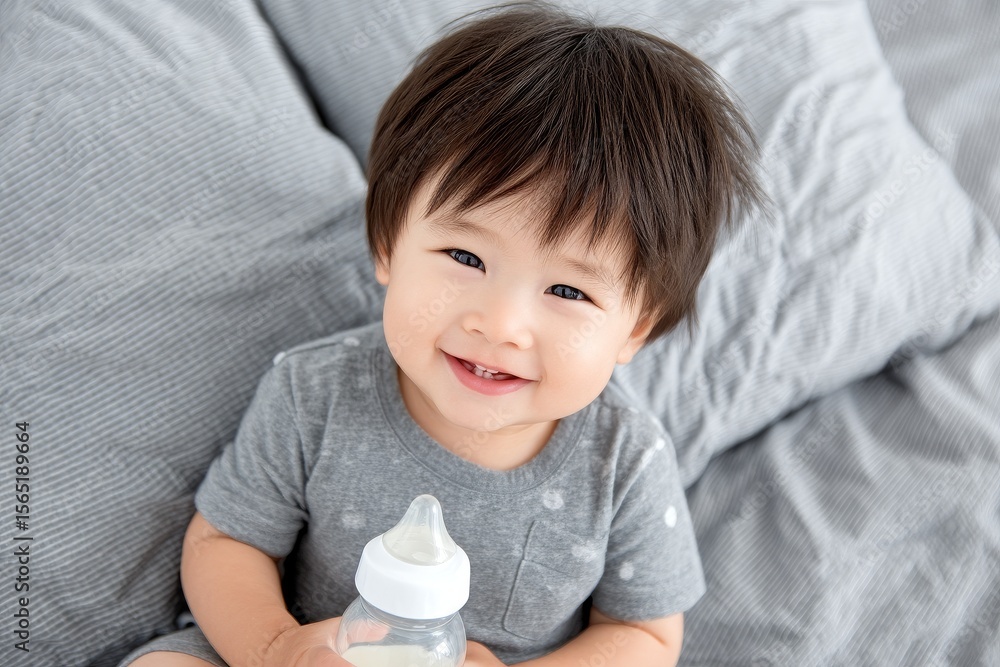 A happy little baby is smiling while holding a bottle filled with milk formula A happy little baby is smiling while holding a bottle filled with milk formula