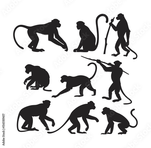 Monkey Silhouette Vector Set with Walking, Sitting, and Weapon Poses
