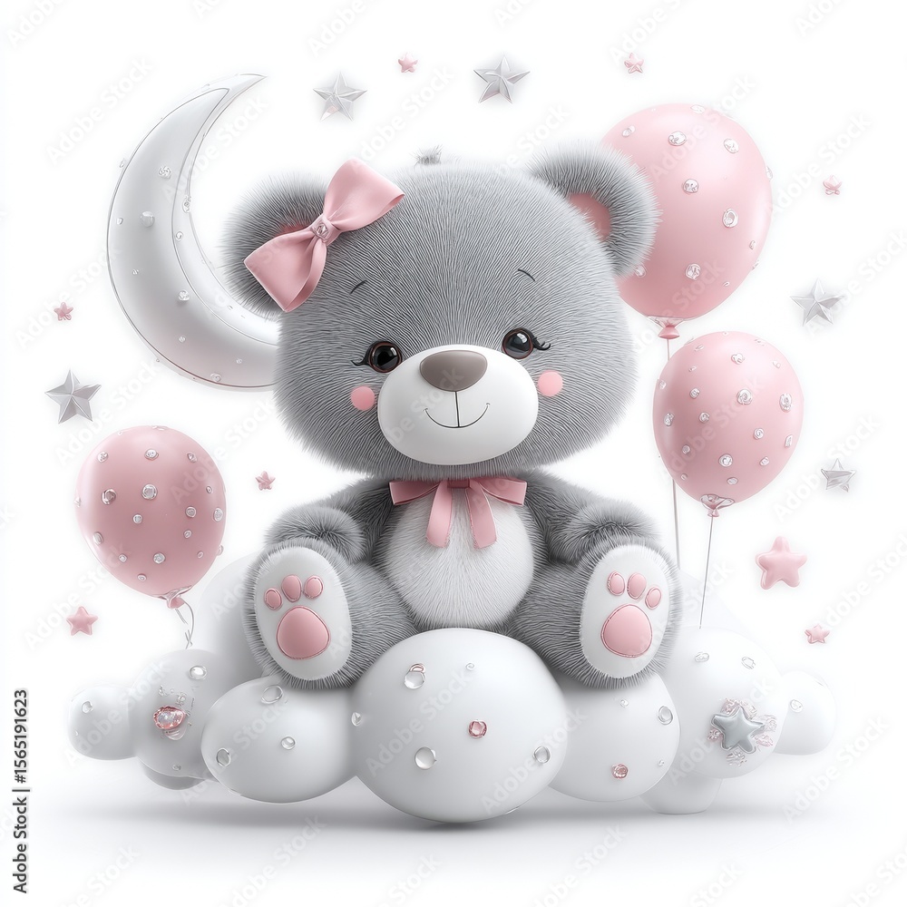 Obraz premium A cute teddy bear is depicted in a watercolor illustration sitting on a cloud surrounded by balloons