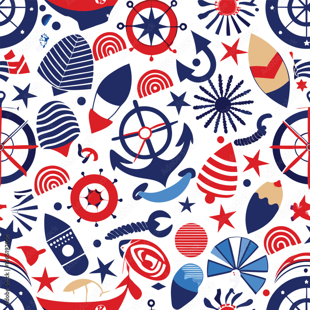 Obraz premium A vibrant seamless pattern featuring nautical themed elements including anchors ropes sailboats and sea creatures perfect for backgrounds textiles and various design projects with a
