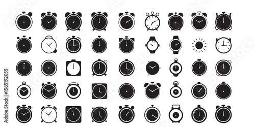 Collection of various black and white clock icons including alarm clocks and wrist watches displayed