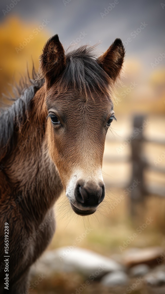 Young horse stands gracefully in a serene outdoor setting surrounded by autumn foliage and rustic wooden fencing Young horse stands gracefully in a serene outdoor setting surrounded by autumn foliage and rustic wooden fencing