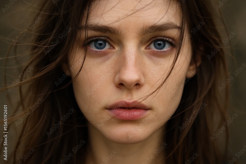 the serene gaze of a woman with freckles against a backdrop of soft light the serene gaze of a woman with freckles against a backdrop of soft light