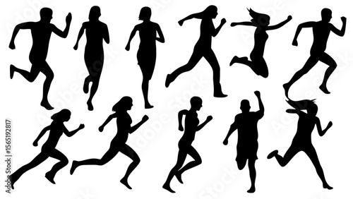 Silhouettes of various people running in different dynamic poses. Black vector shapes isolated on white background. Ideal for fitness, sports, motion graphics, and active lifestyle designs.