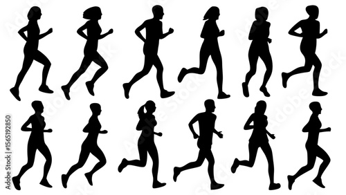 Silhouettes of various people running in different dynamic poses. Black vector shapes isolated on white background. Ideal for fitness, sports, motion graphics, and active lifestyle designs.