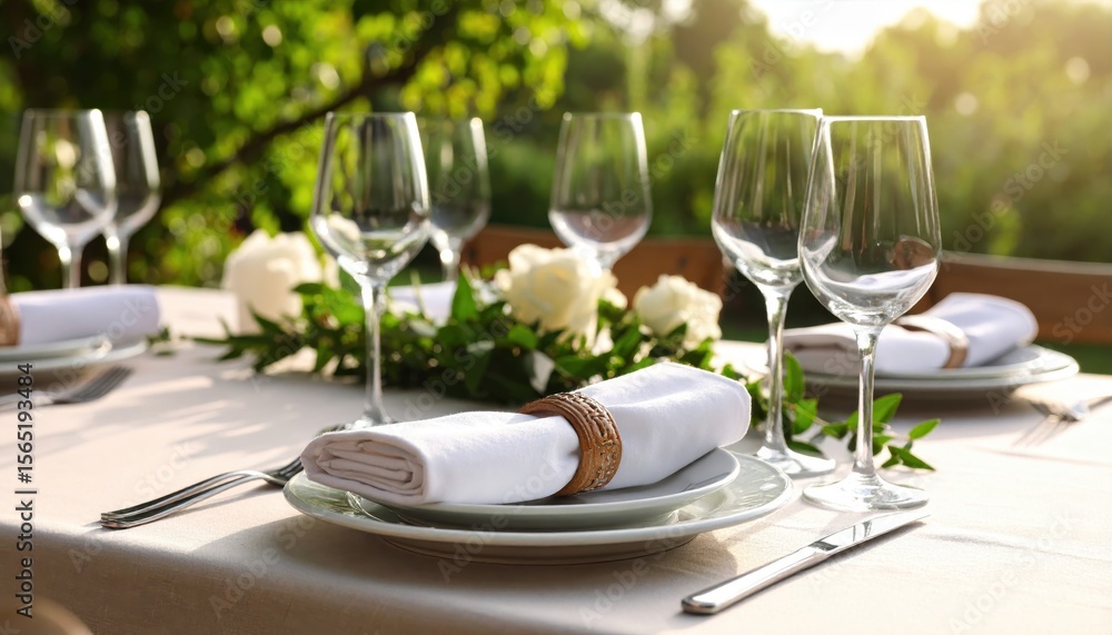 Elegant outdoor dining setup with beautifully arranged tableware and floral accents in a serene garden Elegant outdoor dining setup with beautifully arranged tableware and floral accents in a serene garden