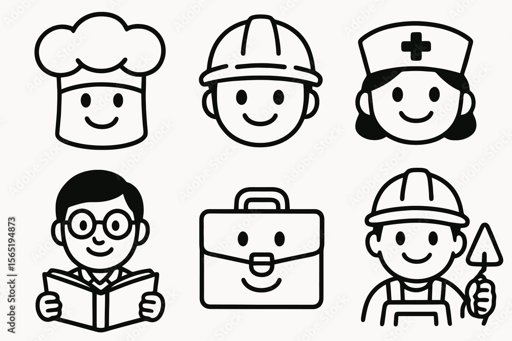 Black and white cartoon icons for different jobs. Simple vector for work themes. Black and white cartoon icons for different jobs. Simple vector for work themes.
