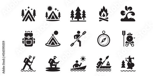 Collection of black and white camping and outdoor activity icons in a vector graphic format