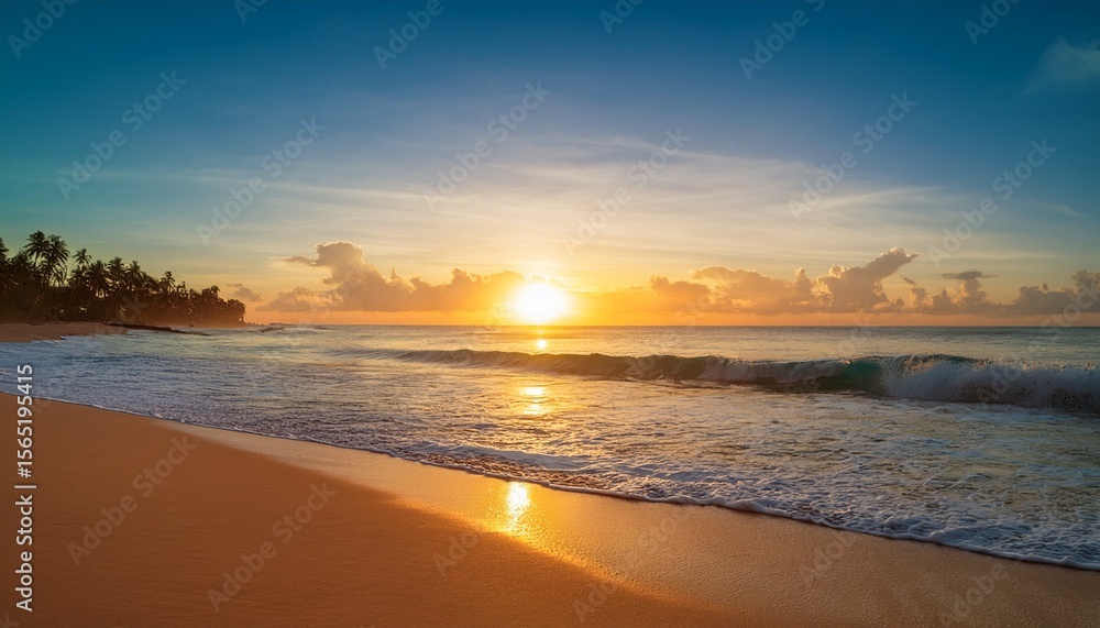 Obraz premium serene sunrise on a tropical beach peaceful ocean paradise