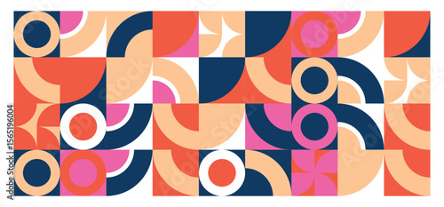 Abstract geometric pattern with colorful retro circles and shapes, perfect for textile design or vintage wallpaper illustration