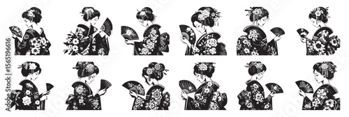 Elegant japanese woman holding ornate fan geisha kimono