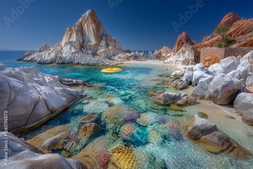 A solitary swimmer unwinds in the pristine waters of a secluded tropical bay