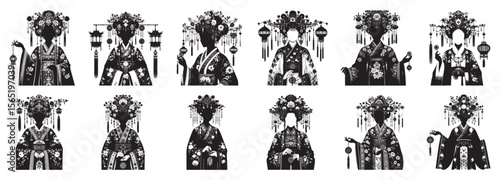 Elegant silhouette of women in traditional ornate headdresses and floral patterned robes woman