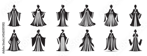 Elegant women wearing traditional flowing garments silhouette clothing