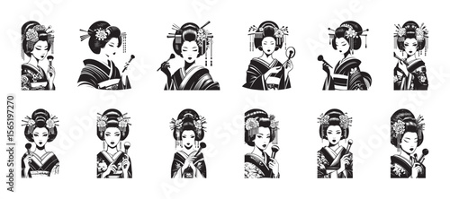 Japanese geisha applying makeup with cosmetic brushes woman