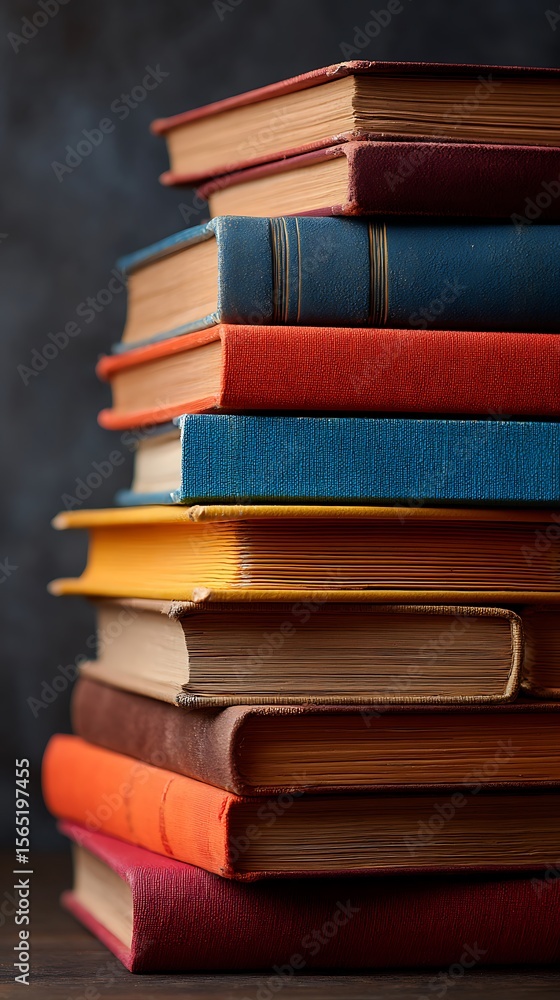 Fototapeta premium Stacked colorful books with varied sizes and bindings pages
