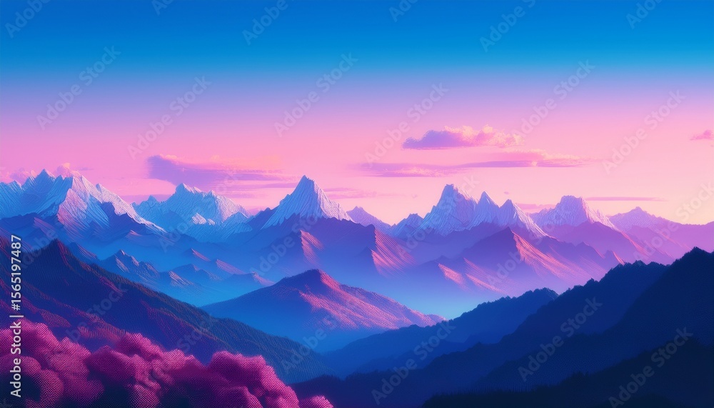 Fototapeta premium tranquil mountain range landscape pixelated blue and purple mountains under a pastel sky pixel art