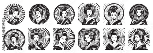 Japanese geisha portrait with traditional umbrella woman kimono