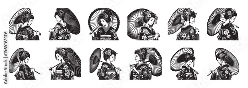 Geisha holding umbrella black and kimono traditional