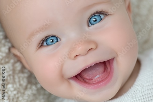 A portrait of a baby with a playful expression, characterized by twinkling eyes and a curled smile, conveys a mischievous and fun-loving personality