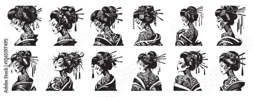 Japanese geisha portraits intricate tattoos elaborate hairstyles woman black