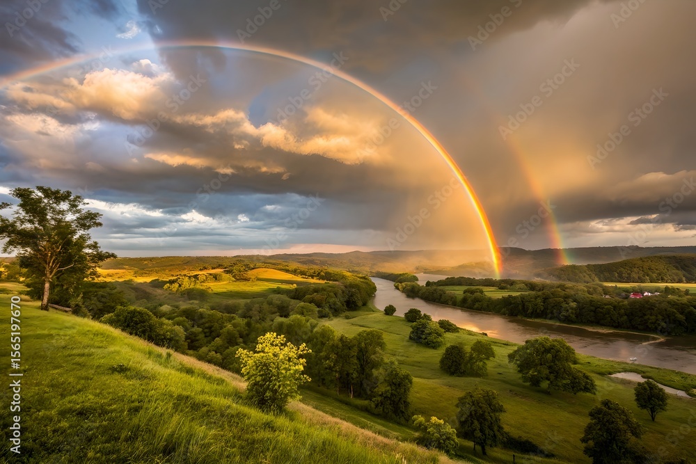Fototapeta premium Vivid Full-Arc Rainbow Over Scenic Landscape After Rainstorm
