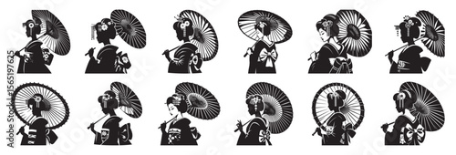 Japanese woman holding umbrella silhouette geisha