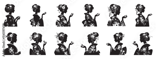 Japanese geisha silhouettes with floral kimono and hair ornaments woman