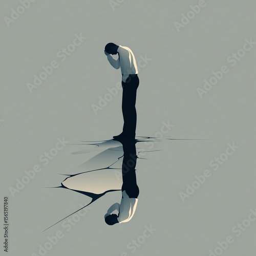 A solitary person stands with their head in their hand, reflected in a cracked surface symbolizing emotional struggle or inner conflict.