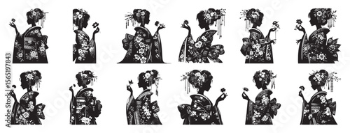 Japanese woman in ornate kimono holding flower silhouette