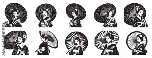 Japanese women holding traditional umbrellas woman geisha