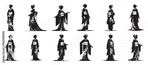Japanese women in traditional kimono with floral designs vector