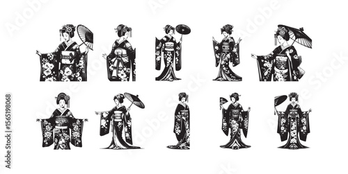 Japanese women in traditional kimono holding umbrellas and fans clothing