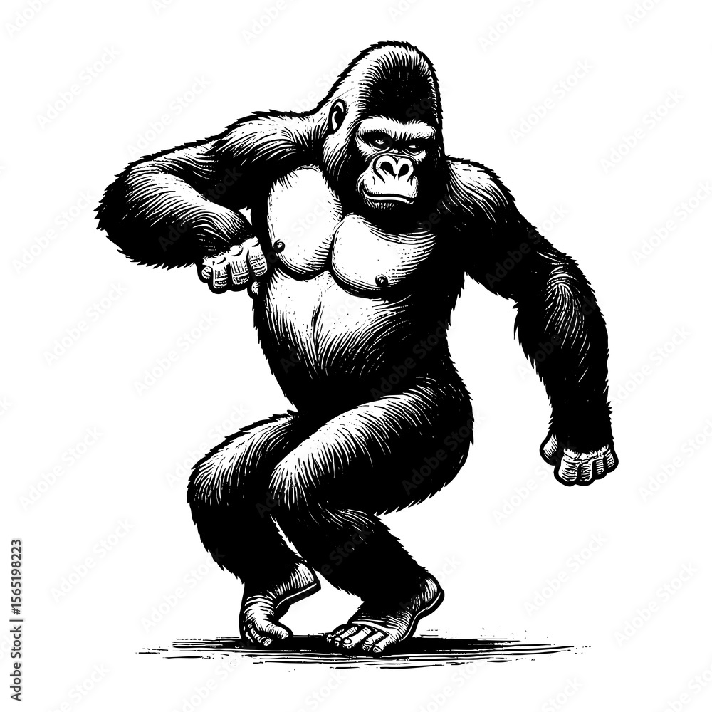 Fototapeta premium gorilla dancing sketch engraving generative ai fictional character PNG illustration. Scratch board imitation. Black and white image.