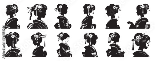 Japanese women kimonos floral hairstyles silhouettes woman geisha