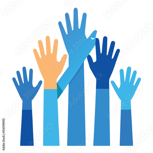 Diverse group of raised hands in silhouette isolated on white background