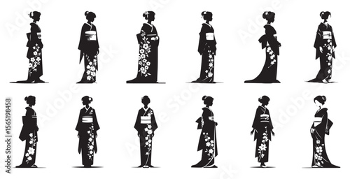 Japanese women wearing floral kimonos silhouette