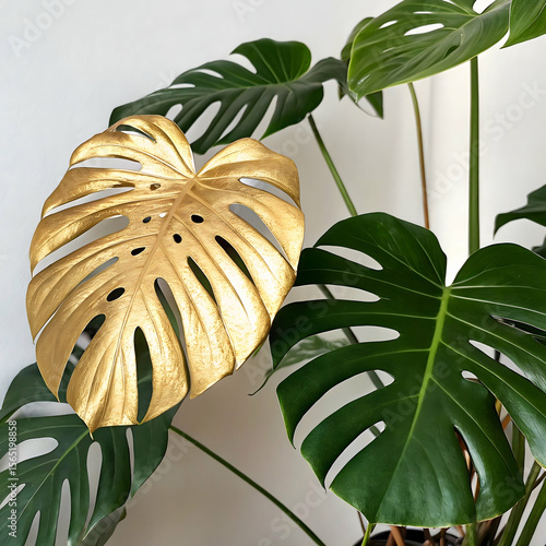  Monstera plant golden leaf isolated on transparent background