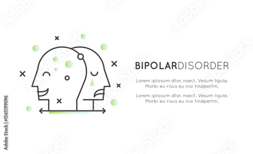 Bipolar disorder concept with mood swings, mania, depression, emotional extremes, mental illness, psychological imbalance, brain, icons, outline vector style, medical health themePrint
