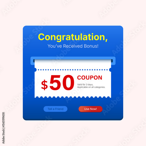 $50 Coupon Gift Banner Design with Congratulations Bonus Message, Blue Background Voucher Template for Sale Promo, E-Commerce Reward, Digital App Offer or Shopping Event