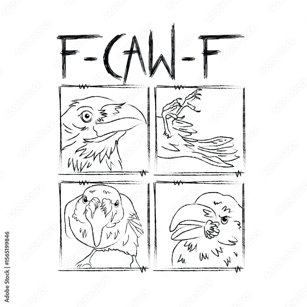 Fototapeta premium Hand drawn f-caw-d raven vector. Sketch funny crow line art