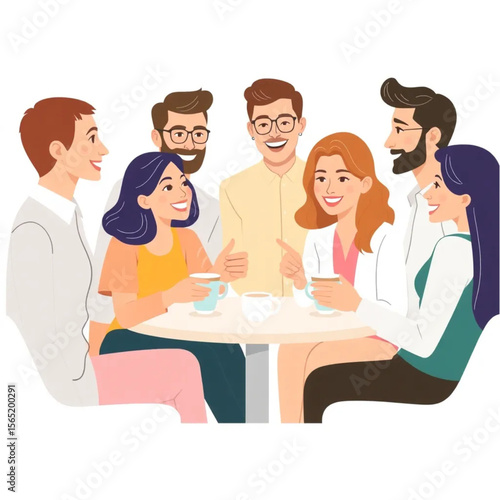 A group of six staff are enjoying a coffee break together. Everyone is smiling or nodding, showing active participation.