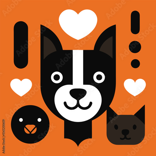 Stylized cat and dog muzzle collection silhouette isolated on white background