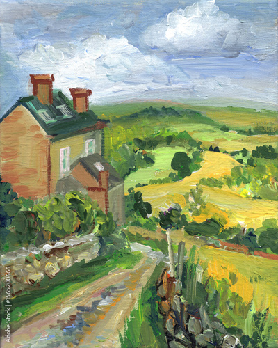 Rural Landscape illustration with house and path against the background of farm fields for references and examples for master class. Example of acrylic work