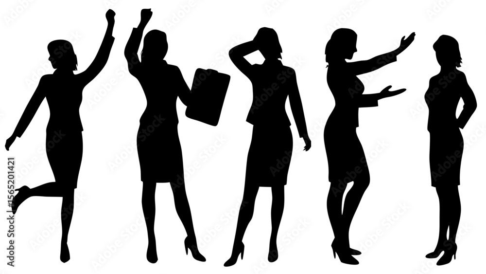 Fototapeta premium Vector silhouette illustration of businesswomen in various professional poses. Includes standing, walking, presenting, using devices. Ideal for corporate, teamwork, or office design projects.