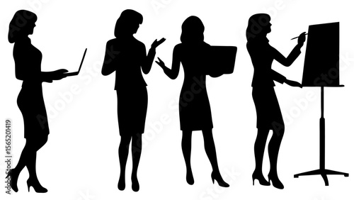 Vector silhouette illustration of businesswomen in various professional poses. Includes standing, walking, presenting, using devices. Ideal for corporate, teamwork, or office design projects.