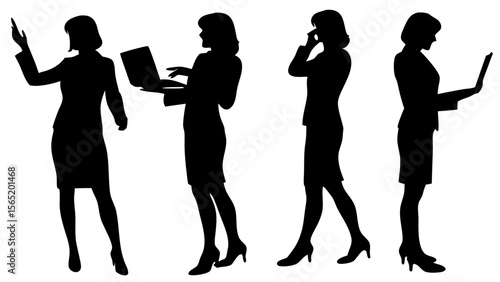 Vector silhouette illustration of businesswomen in various professional poses. Includes standing, walking, presenting, using devices. Ideal for corporate, teamwork, or office design projects.