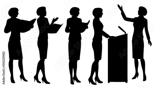 Vector silhouette illustration of businesswomen in various professional poses. Includes standing, walking, presenting, using devices. Ideal for corporate, teamwork, or office design projects.